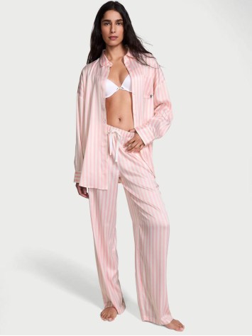 Сатинова піжама Oversized Long Pajama Set Pretty Blossom Stripe