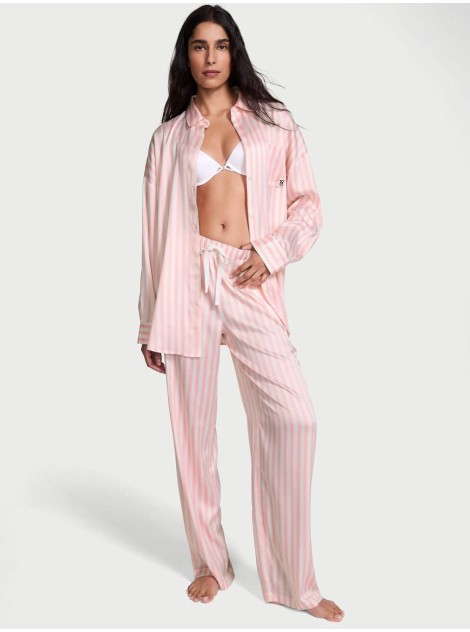 Сатиновая пижама Oversized Long Pajama Set Pretty Blossom Stripe