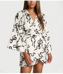 Халат Satin Short Robe White Black Bow