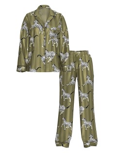 Пижама Glazed Satin Long Pajama Set Green Chamelon Zebras