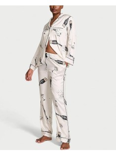 Пижама Glazed Satin Long Pajama Set Coconut White Champagne Bottles