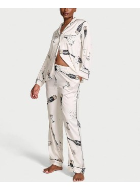 Пижама Glazed Satin Long Pajama Set Coconut White Champagne Bottles