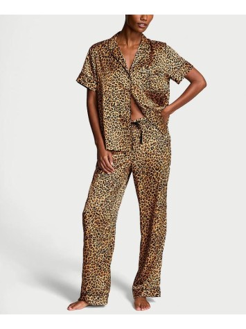 Піжама Glazed Satin Short-Sleeve Long Pajama Set Leopard
