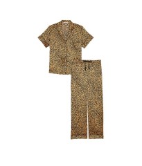 Піжама Glazed Satin Short-Sleeve Long Pajama Set Leopard