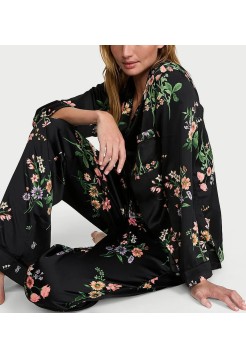 Піжама Signature Satin Long Pajama Set Black Botanical