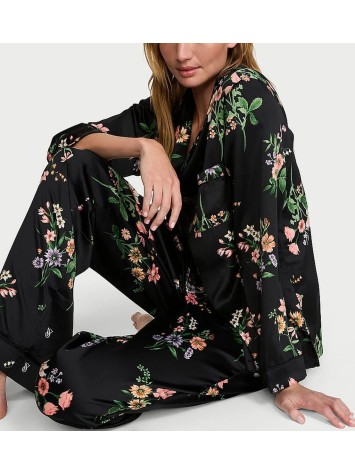 Пижама Signature Satin Long Pajama Set Black Botanical