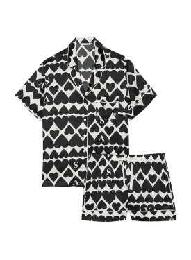Пижама Satin Short Pyjama Set Coconut White & Black Hearts