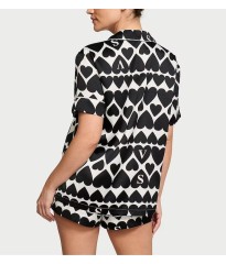 Піжама Satin Short Pyjama Set Coconut White & Black Hearts