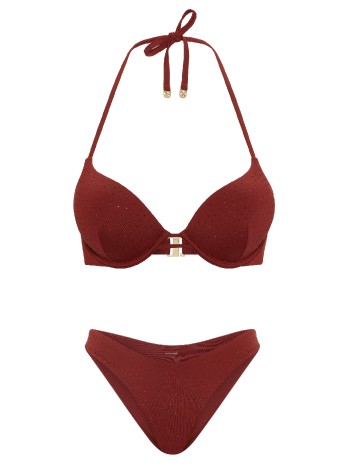 Купальник Bombshell Add-2-Cups Diamanté Push-Up Top Brazilian Bikini Bottom Dark Chili