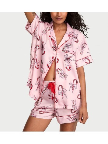 Пижама Glazed Satin Short Pajama Set Pink Bows