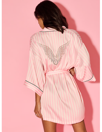Сатиновий халат Victoria's Secret Backstage Satin Sparkle Short Robe Pink Stripe