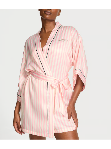 Сатиновый халат Victoria's Secret Backstage Satin Sparkle Short Robe Pink Stripe