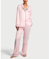 Сатинова піжама Glazed Satin Long Pajama Set Collar Embroidery