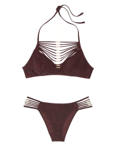 Купльник Archives Strappy Hardware Halter Bikini Top Set Burgundy Dots