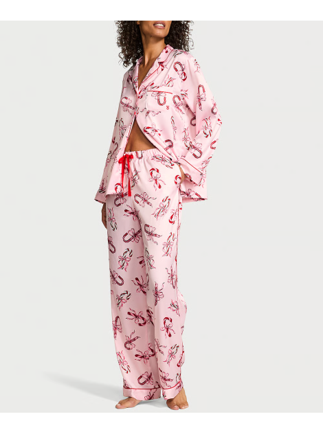 Пижама Glazed Satin Long Pajama Set Pink Bows