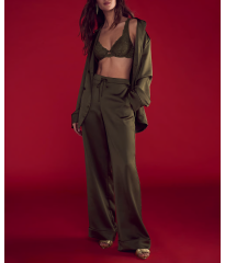 Пижама Luxe Satin Double -Breasted Long Pajama Set Olive