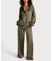 Пижама Luxe Satin Double -Breasted Long Pajama Set Olive