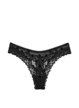 Трусики Tease Mesh Lace-Trim High-Leg Thong Panty Black