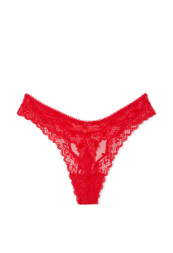 Трусики Tease Mesh Lace-Trim High-Leg Thong Panty Vermillion Bows