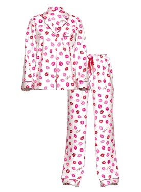 Пижама Victoria's Secret Glazed Satin Long Pajama Set Coconut White & Lipstick Kisses