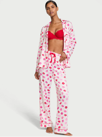 Піжама Victoria's Secret Glazed Satin Long Pajama Set Coconut White & Lipstick Kisses