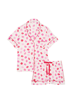 Пижама Glazed Satin Short Pajama Set Coconut White & Lipstick Kisses