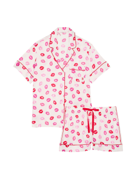 Піжама Glazed Satin Short Pajama Set Coconut White & Lipstick Kisses