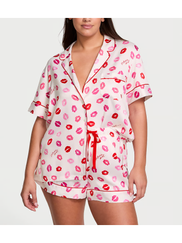 Піжама Glazed Satin Short Pajama Set Coconut White & Lipstick Kisses