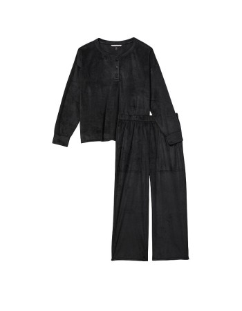 Пижама Cozy Fleece Henley Long Pajama Set Black