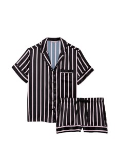 Пижама Satin Short Pajama Set Black Pink Stripes