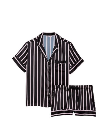 Піжама Satin Short Pajama Set Black Pink Stripes