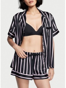 Пижама Satin Short Pajama Set Black Pink Stripes