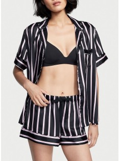 Піжама Satin Short Pajama Set Black Pink Stripes