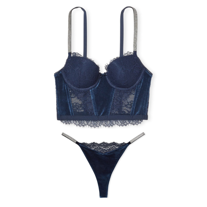 Комплект белья DREAM ANGELS Lace & Velvet Shine Strap Corset Top Bra set Noir Navy