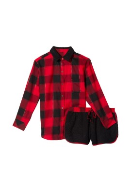 Пижама Flannel Short Cozy Fleece Long-Sleeve PJ Set Red Plaid