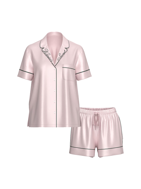 Пижама Glazed Satin Short Pajama Set Collar Embroidery