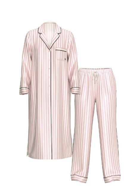 Сатиновая пижама Satin Long Flyaway Tunic Pajama Set Pink Stripe