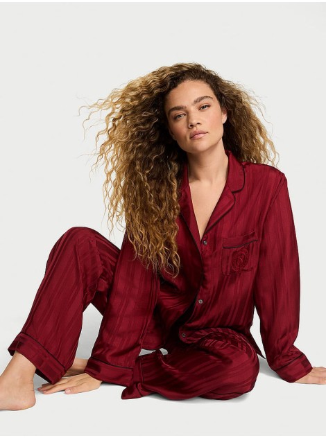 Пижама Glazed Satin Long Pajama Set Sangria Red Stripe Jacquard