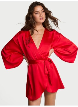 Сатиновий халат Victoria's Secret Bright Vermillion Red Satin Sparkle Bow Short Robe