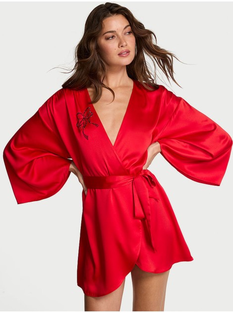 Сатиновый халат Victoria's Secret Bright Vermillion Red Satin Sparkle Bow Short Robe