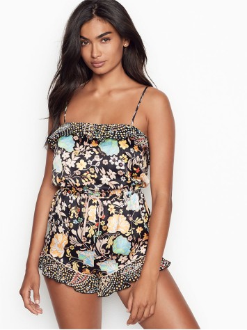Сатинова піжама Victoria's Secret Flounce Romper Black Fancy Floral