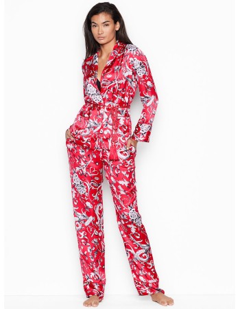 Сатинова піжама Victoria's Secret Satin PJ set, червона, Lux print Roses