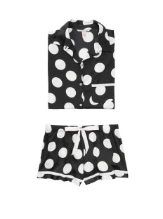 Сатинова піжама Victoria Secret Satin PJ Set Short Black , White Dot