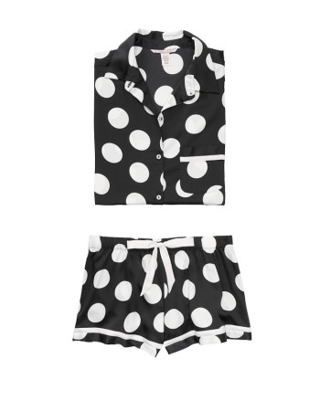 Сатинова піжама Victoria Secret Satin PJ Set Short Black , White Dot