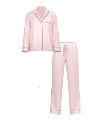 Піжама Glazed Satin Long Pajama Set Collar Embroidery