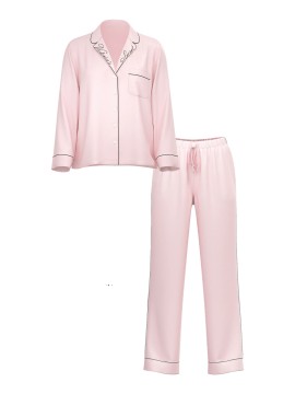 Піжама Glazed Satin Long Pajama Set Collar Embroidery