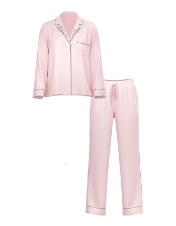 Піжама Glazed Satin Long Pajama Set Collar Embroidery