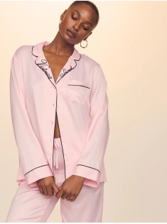 Пижама Glazed Satin Long Pajama Set Collar Embroidery