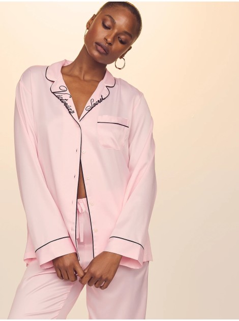 Пижама Glazed Satin Long Pajama Set Collar Embroidery