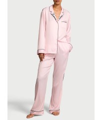 Піжама Glazed Satin Long Pajama Set Collar Embroidery